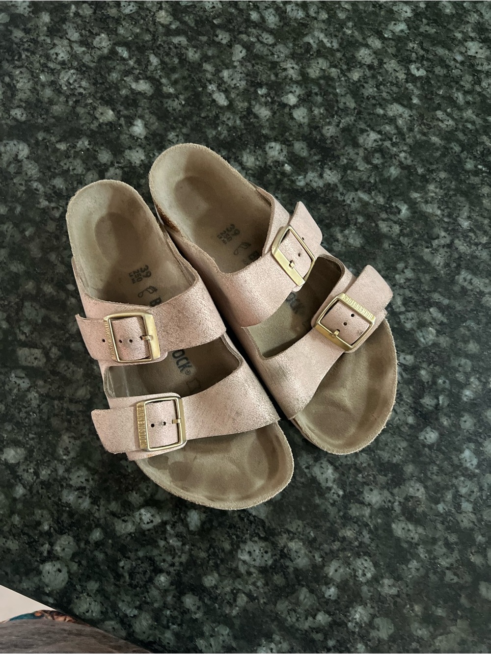 Birkenstock women Metallic Rose Gold Double-Buckle Slide Sandals